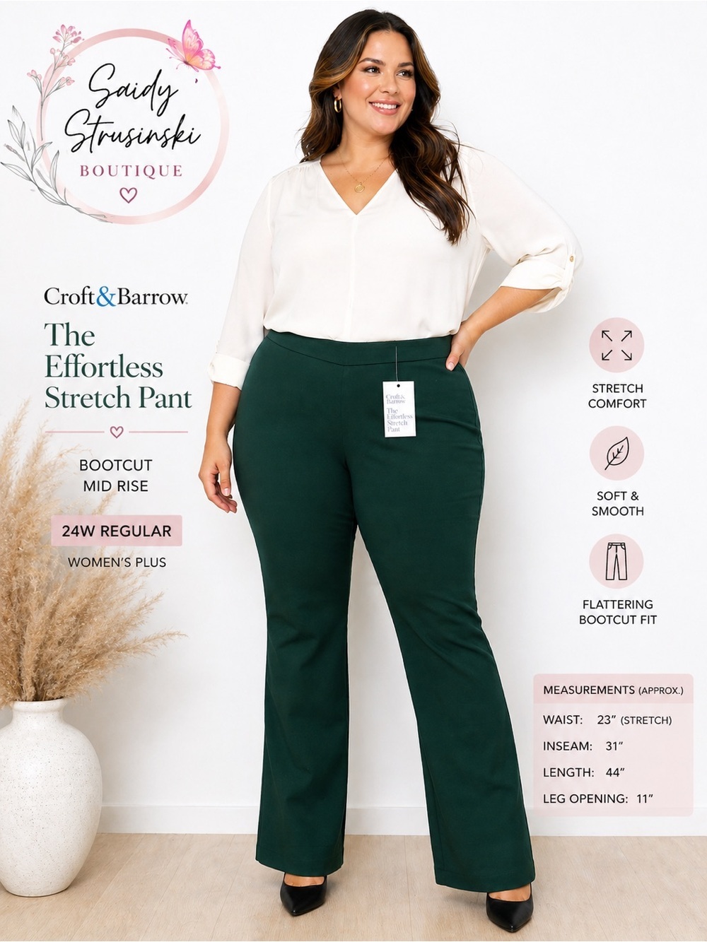 Croft & Barrow Effortless Stretch Bootcut Pants Green 24W NWT